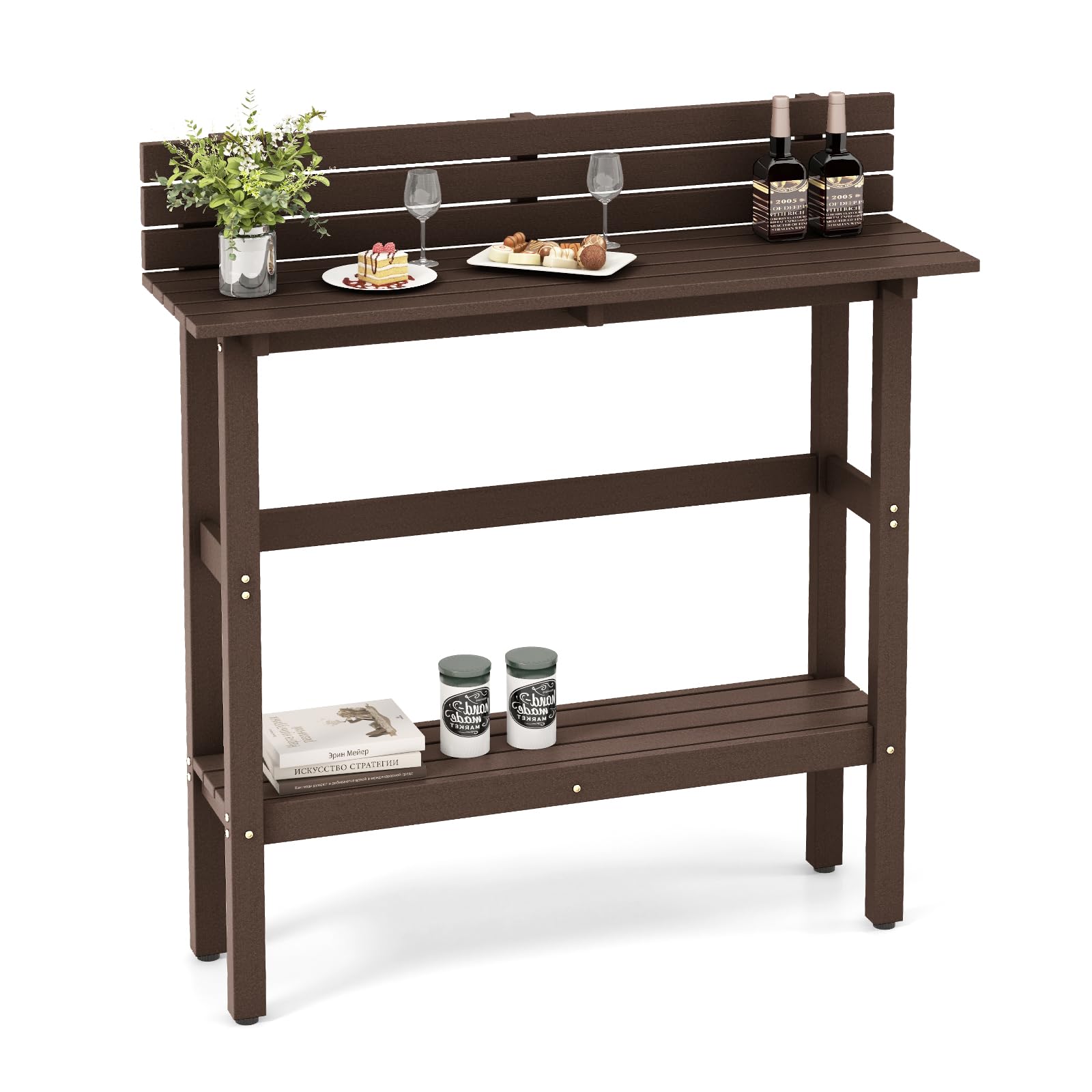 Tangkula Table de Bar d'Extérieur, Table Haute de 122 cm pour Patio avec Étagère de Rangement et Patins Réglables